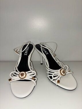 Versace White Rope-Strap Medusa Heel Sandals with Gold Accents